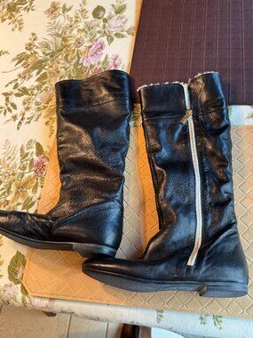Vicini Black Long Leather Boots Zipper Close Flat 37